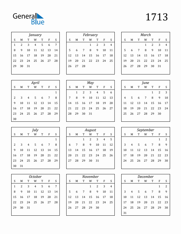 Blank Calendar 1713