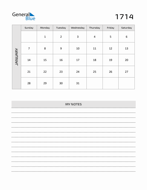 January 1714 Calendars (PDF Word Excel)