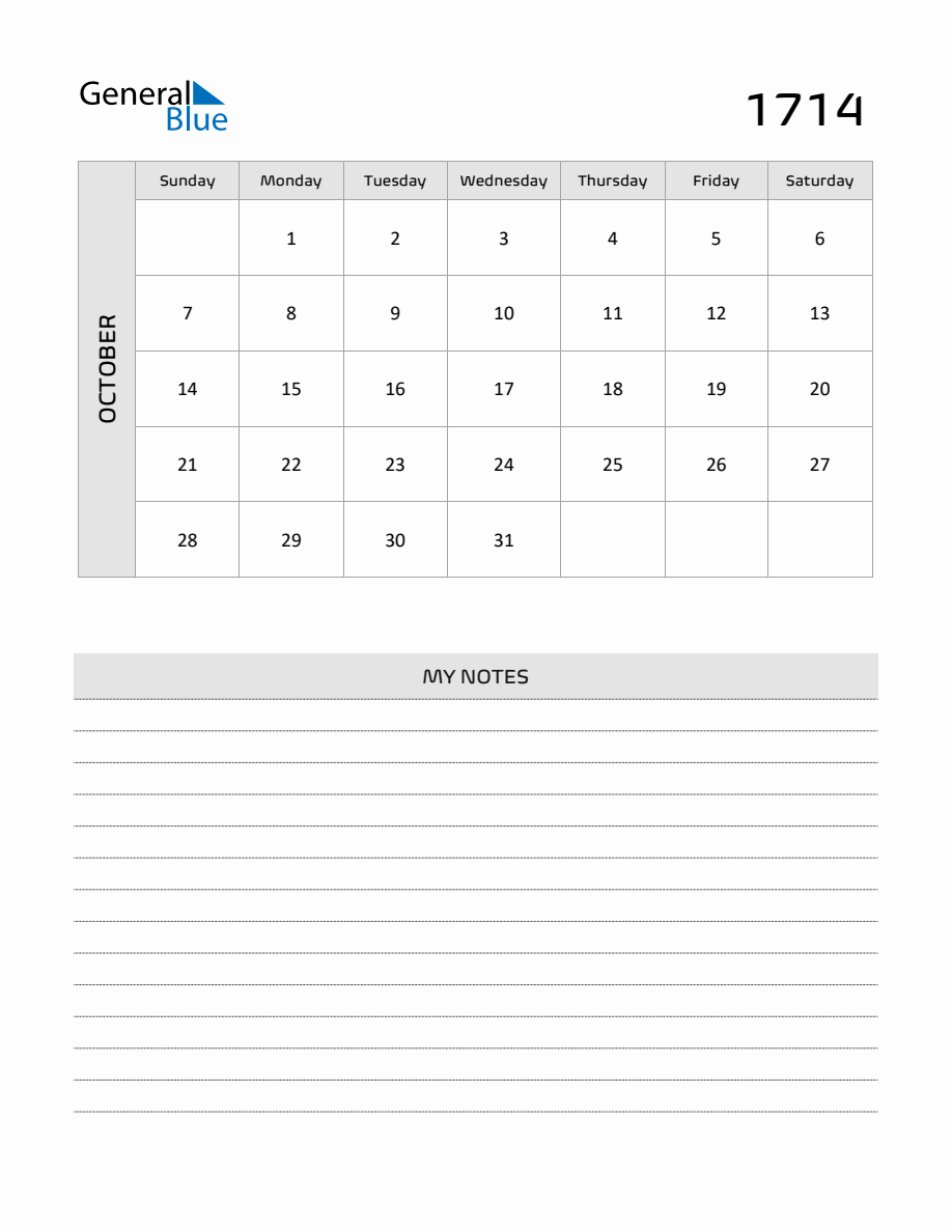 October 1714 Printable Monthly Calendar with Notes