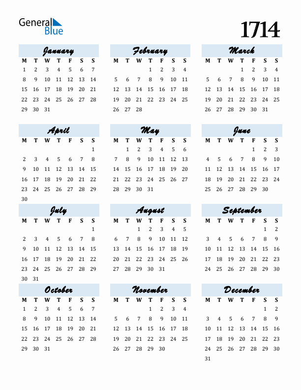 Calendar 1714 Free Download and Print