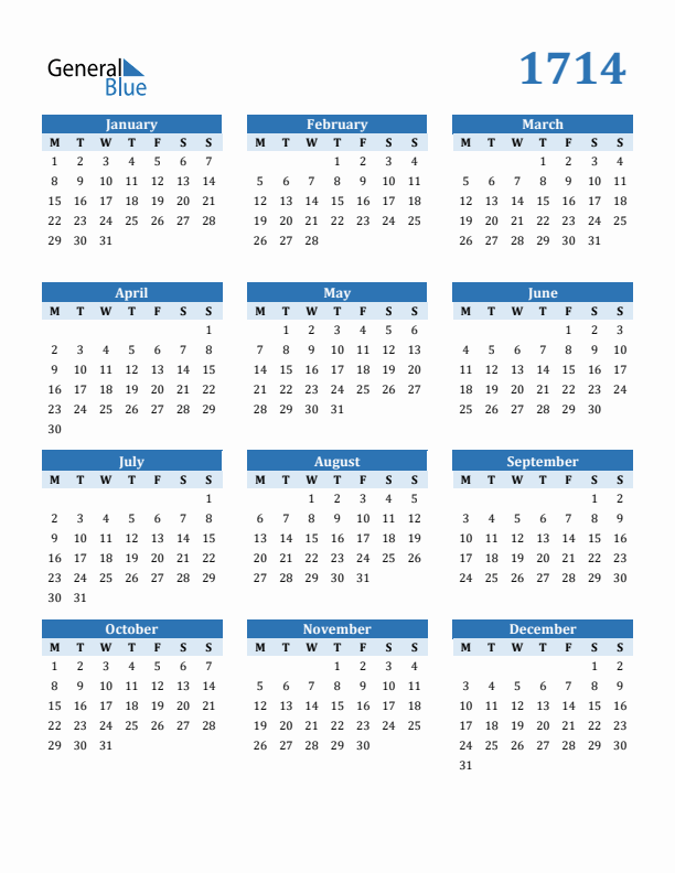 1714 Year Calendar with Monday Start