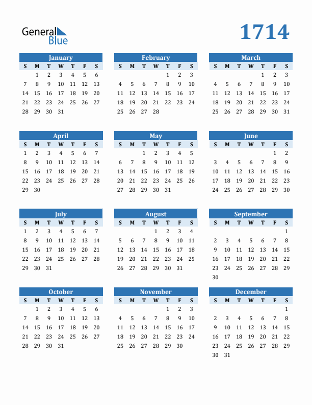1714 Year Calendar with Sunday Start