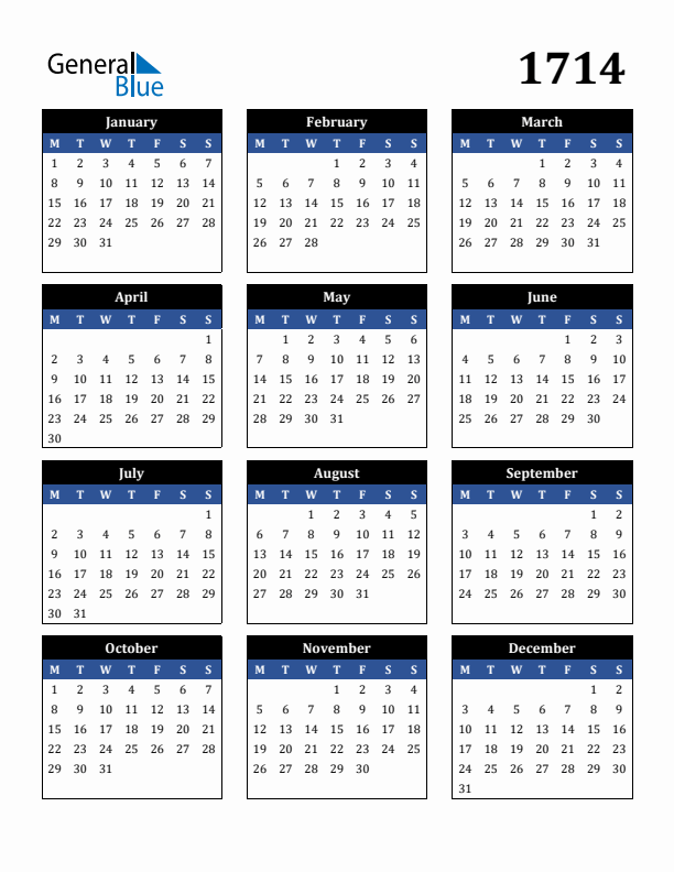 Editable Calendar 1714 - Monday Start