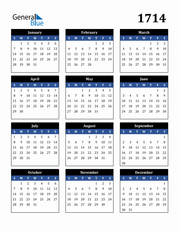 Editable Calendar 1714 - Sunday Start