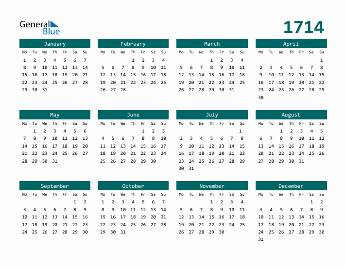 Downloadable 1714 Calendar