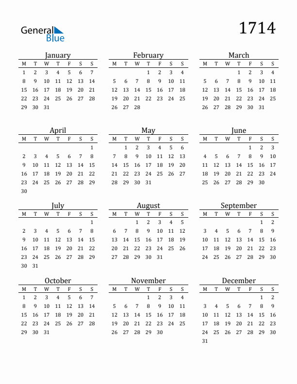Free Printable Calendar 1714 with Monday Start