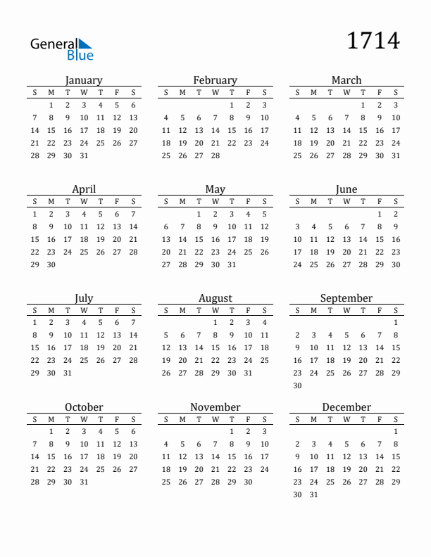 Free Printable Calendar 1714 with Sunday Start