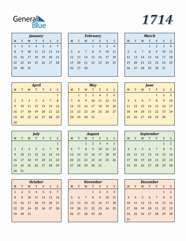 Calendar for 1714 (Monday Start)