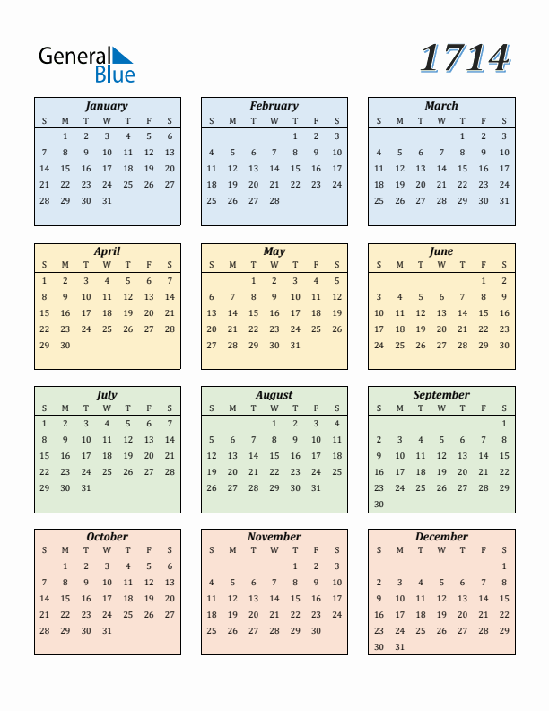 Calendar for 1714 (Sunday Start)