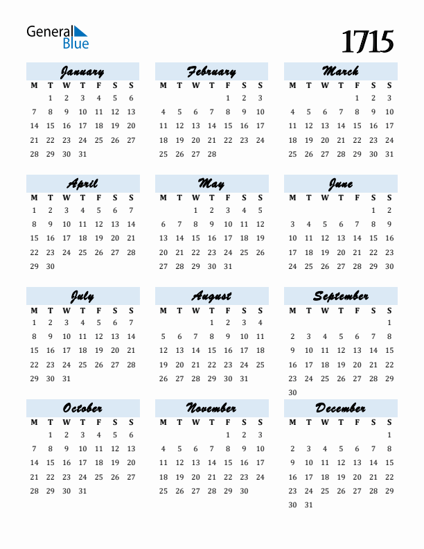 Calendar 1715 Free Download and Print