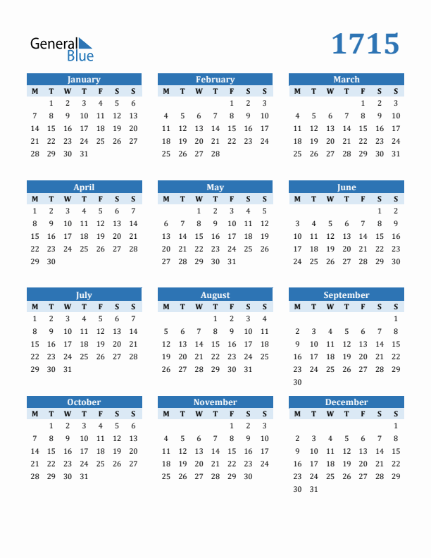 1715 Year Calendar with Monday Start