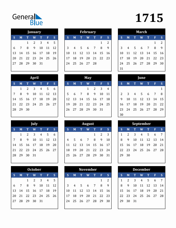 Editable Calendar 1715 - Sunday Start