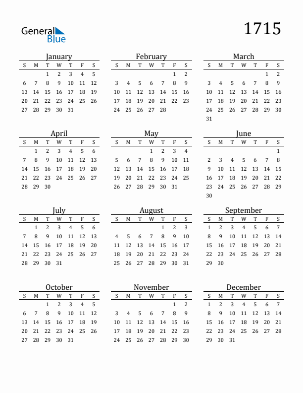Free Printable Calendar 1715 with Sunday Start