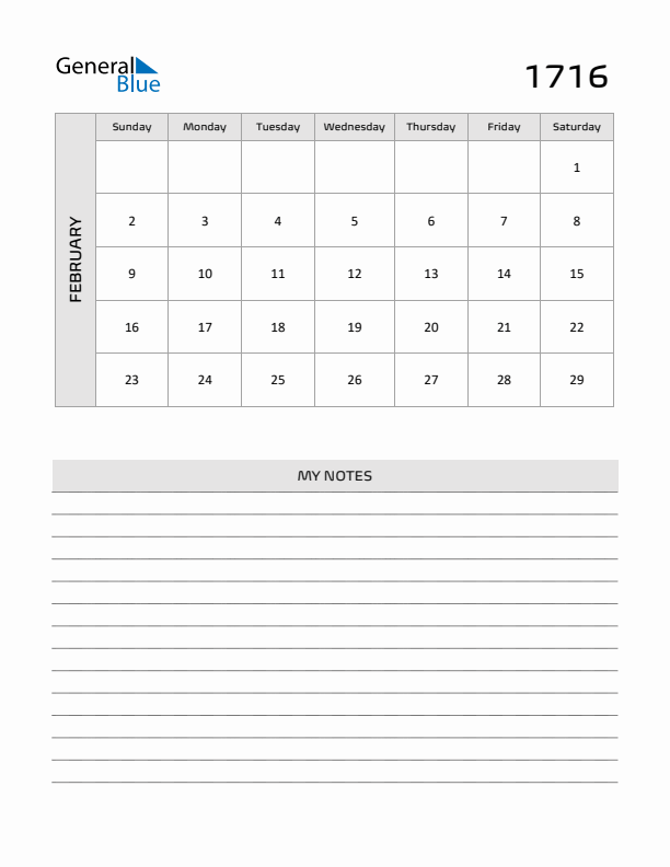 February 1716 Calendar Printable