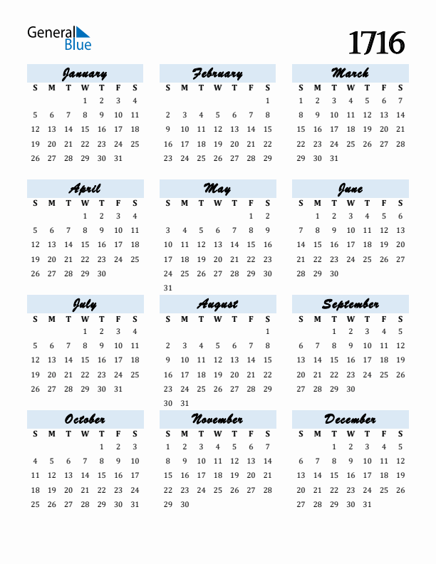 Calendar 1716 Free Download and Print