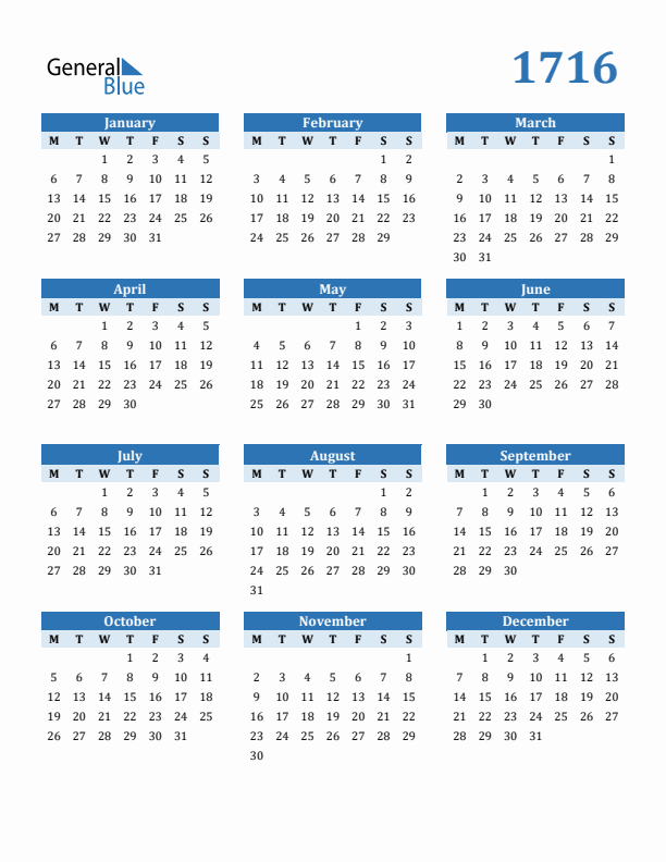 1716 Year Calendar with Monday Start