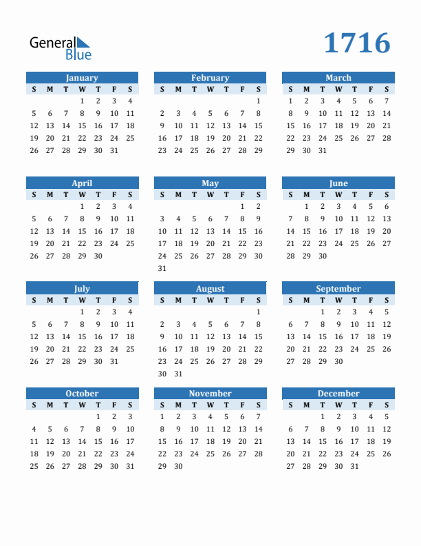 1716 Year Calendar with Sunday Start