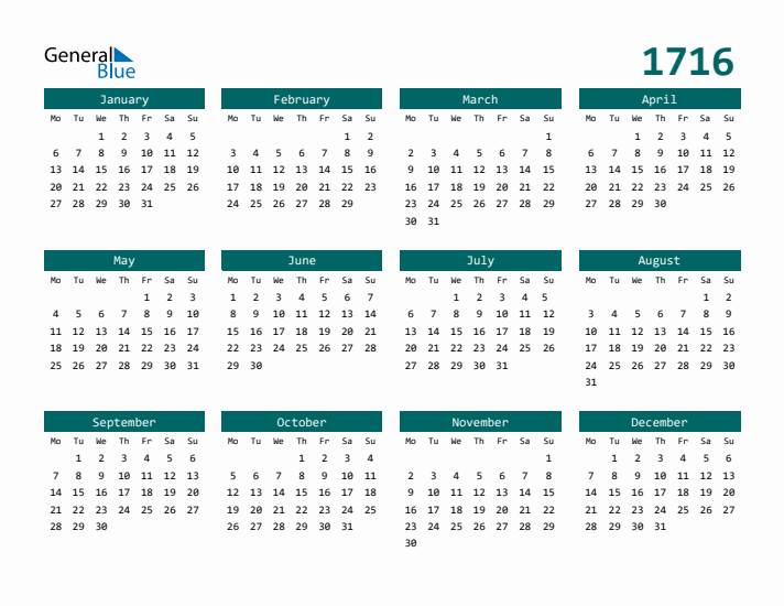 Downloadable 1716 Calendar