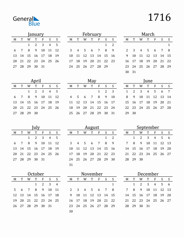 Free Printable Calendar 1716 with Monday Start