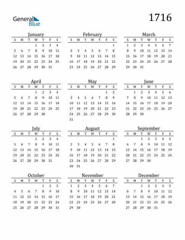 Free Printable Calendar 1716 with Sunday Start
