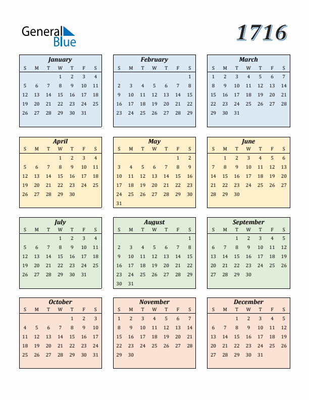 Calendar for 1716 (Sunday Start)