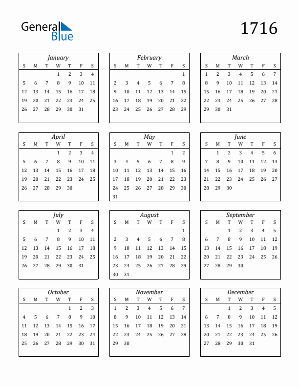 Blank Calendar 1716