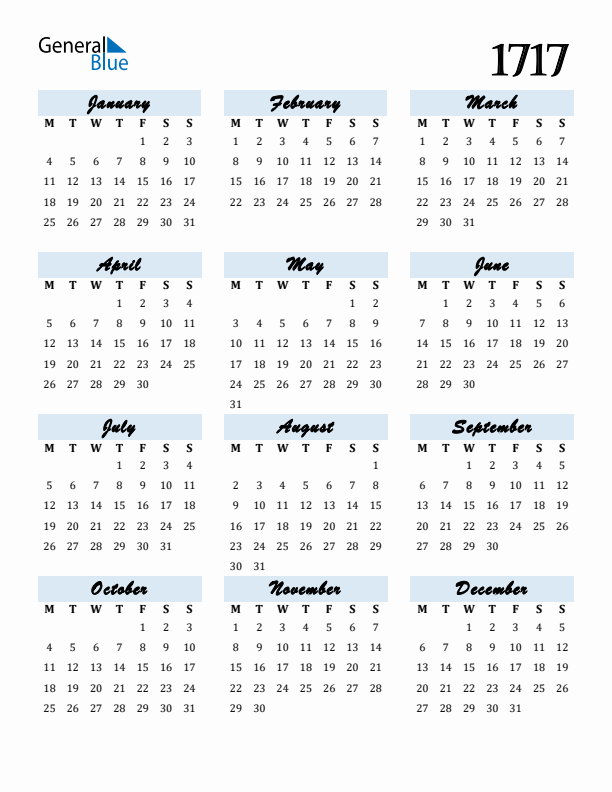 Calendar 1717 Free Download and Print