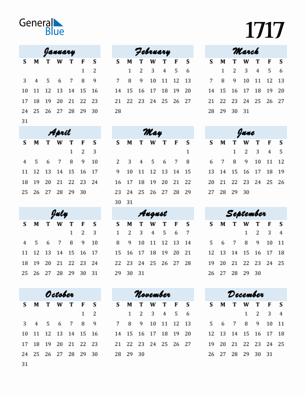 Calendar 1717 Free Download and Print
