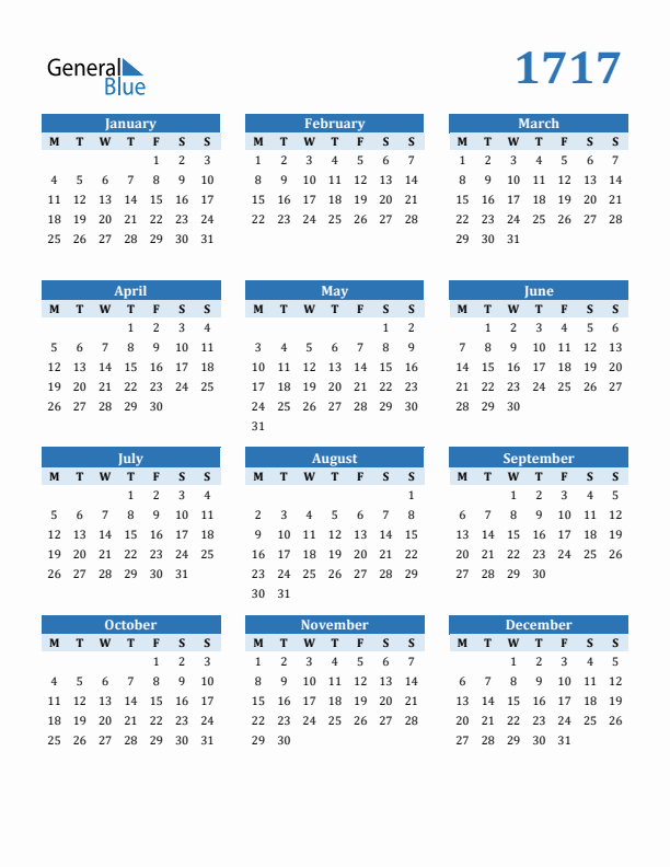 1717 Year Calendar with Monday Start