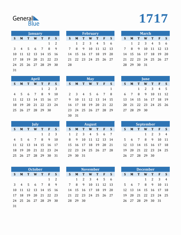 1717 Year Calendar with Sunday Start