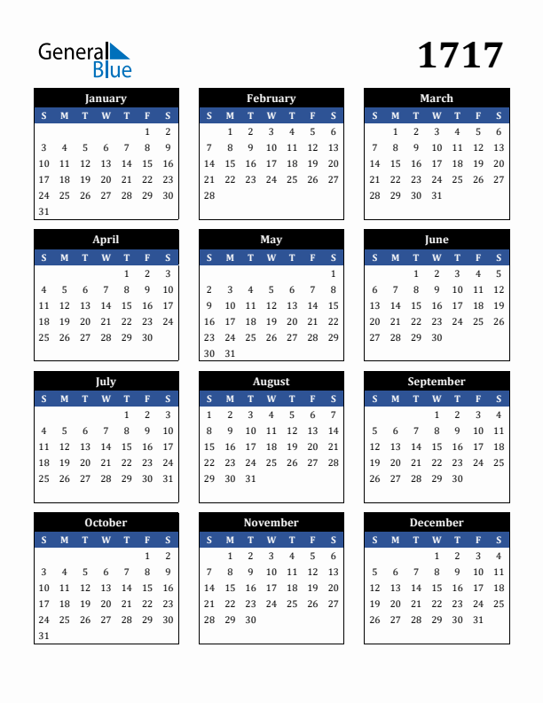 Editable Calendar 1717 - Sunday Start