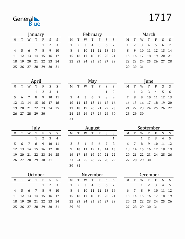 Free Printable Calendar 1717 with Monday Start