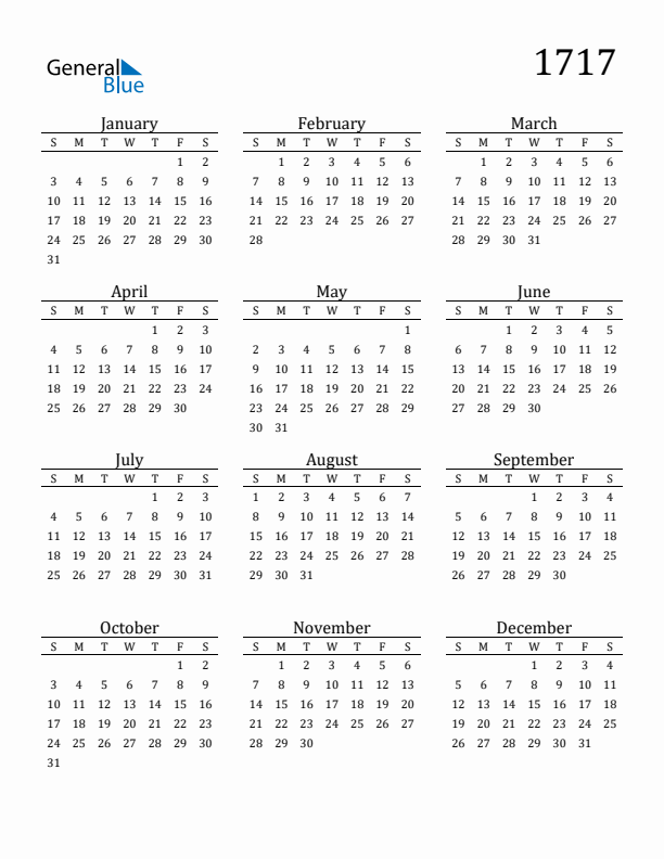 Free Printable Calendar 1717 with Sunday Start