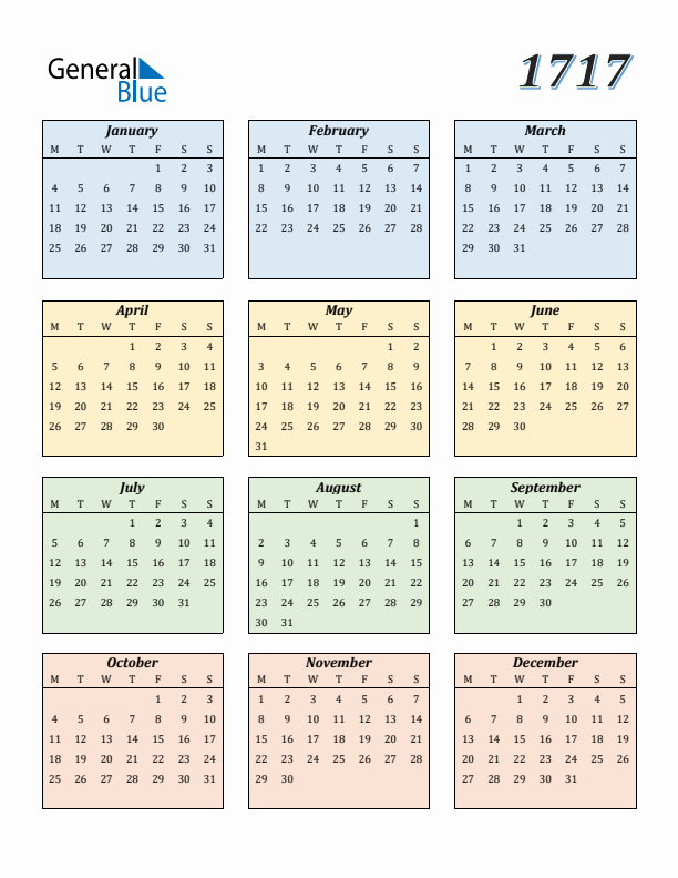 Calendar for 1717 (Monday Start)
