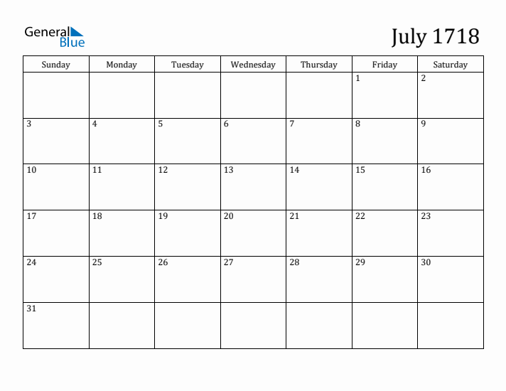 July 1718 Calendar