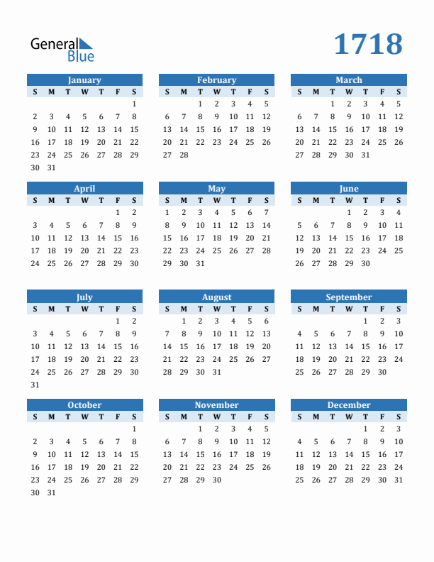 1718 Year Calendar with Sunday Start