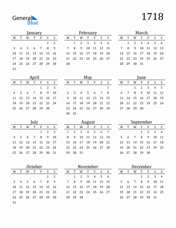 Free Printable Calendar 1718 with Monday Start