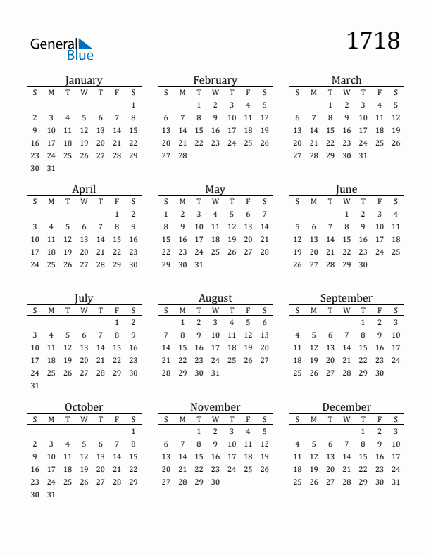 Free Printable Calendar 1718 with Sunday Start