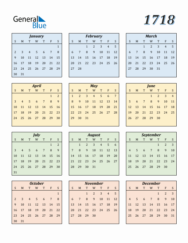 Calendar for 1718 (Sunday Start)