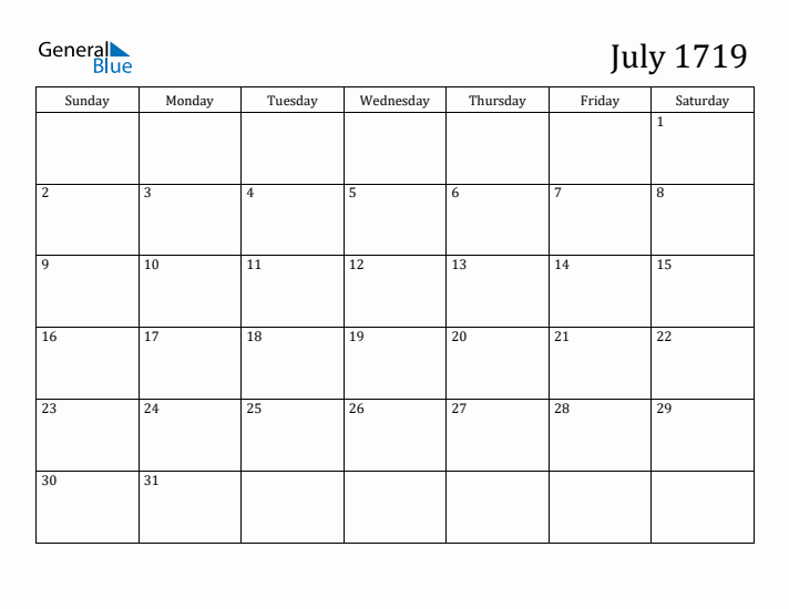 July 1719 Calendar