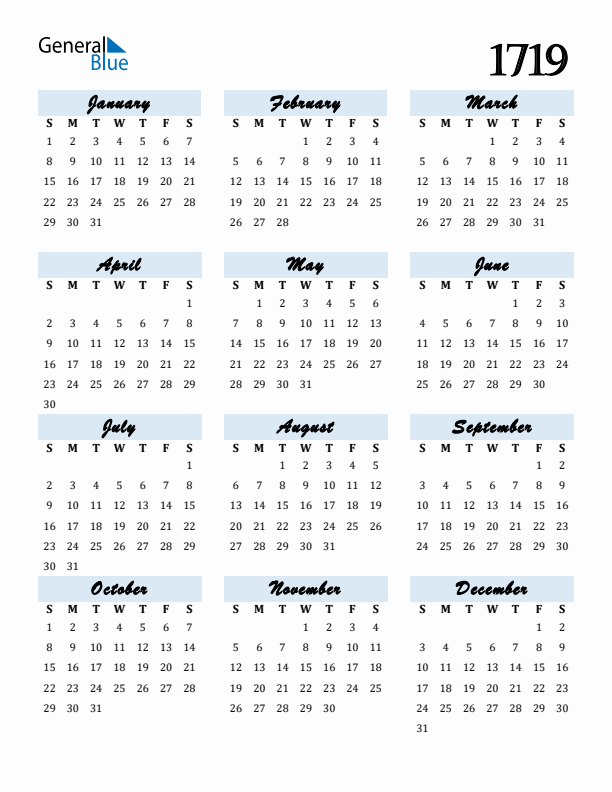 Calendar 1719 Free Download and Print