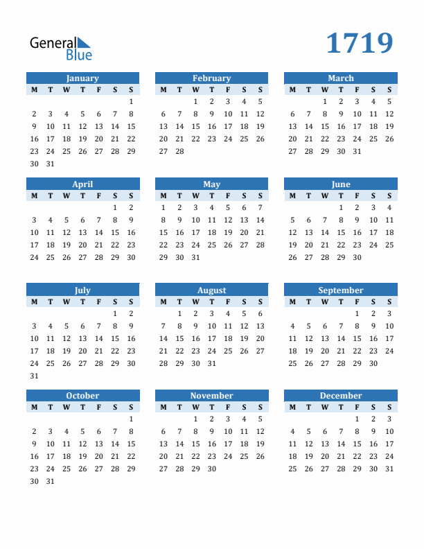 1719 Year Calendar with Monday Start