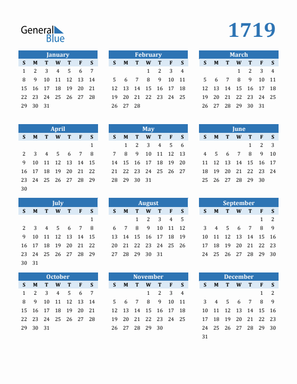 1719 Year Calendar with Sunday Start