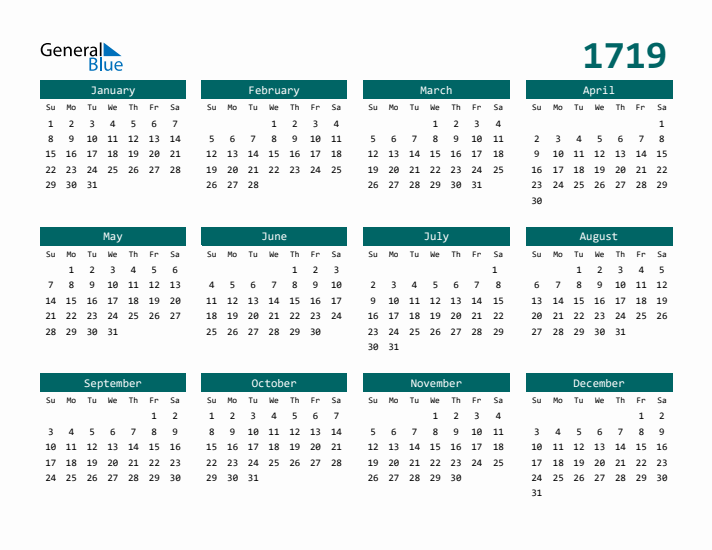 Downloadable 1719 Calendar