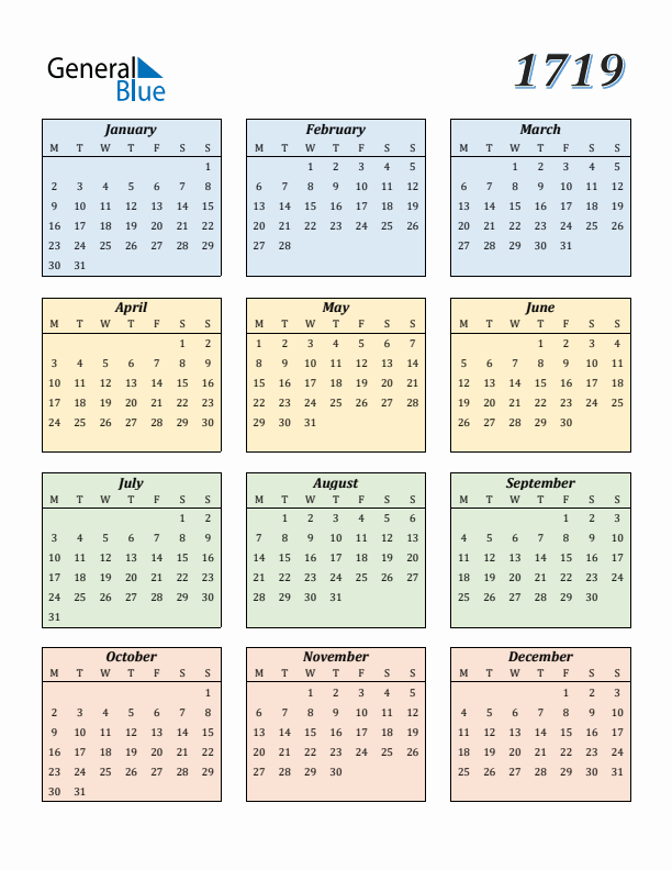 Calendar for 1719 (Monday Start)