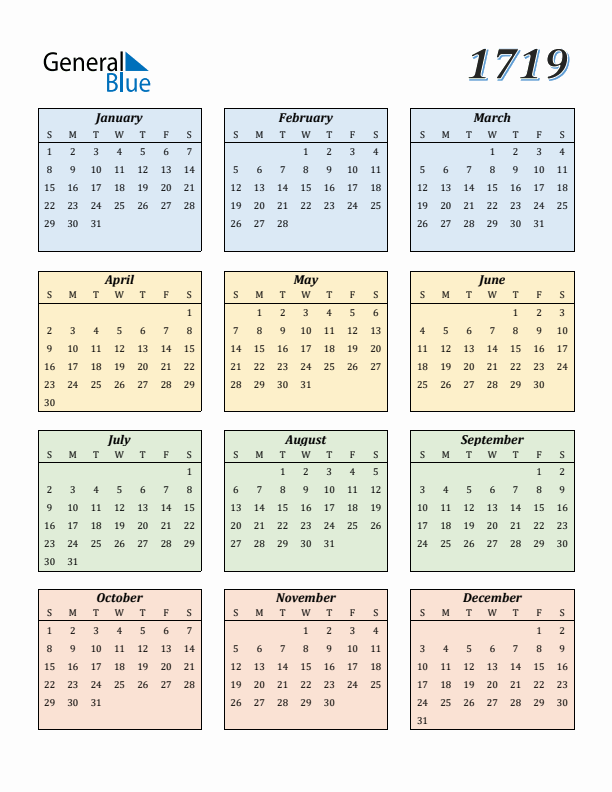 Calendar for 1719 (Sunday Start)