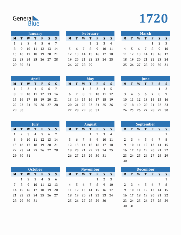 1720 Year Calendar with Monday Start
