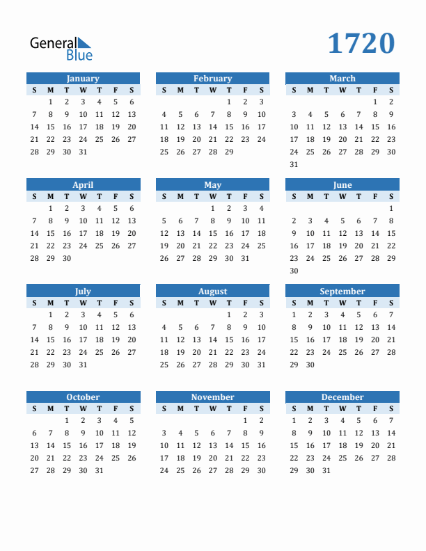 1720 Year Calendar with Sunday Start