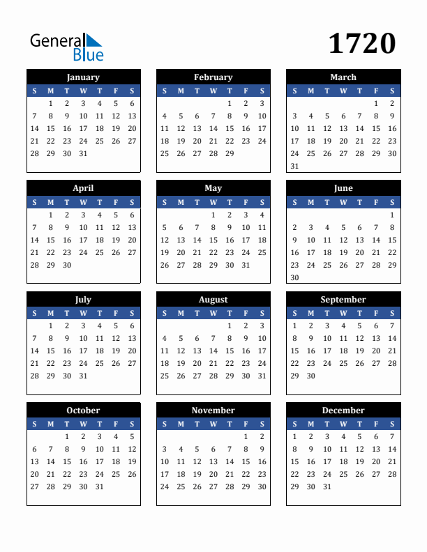 Editable Calendar 1720 - Sunday Start