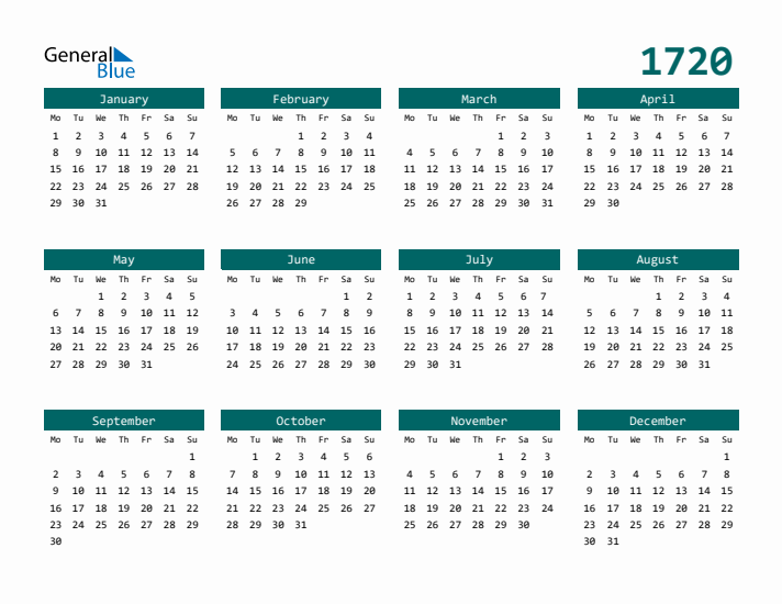 Downloadable 1720 Calendar